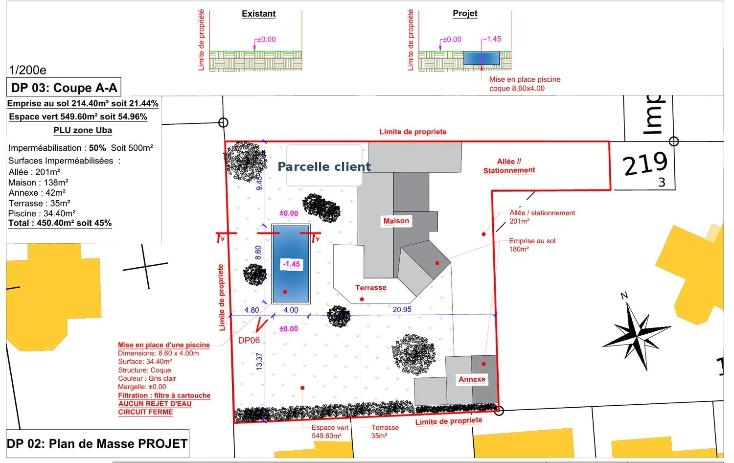Exemple anonymisé de plan de masse et coupe pour une piscine